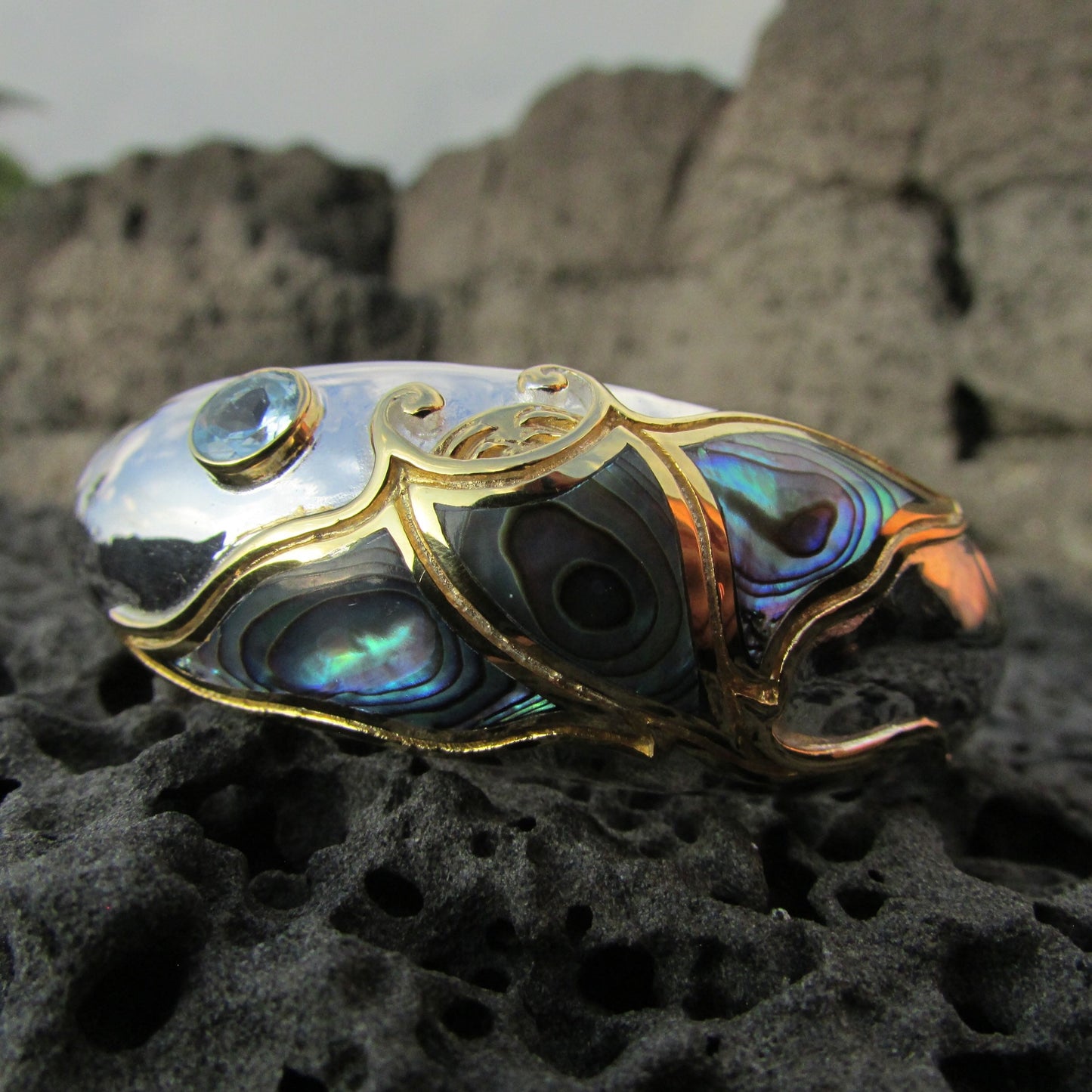 Manta Ray Cuff Bracelet. Sterling Silver, 18K Gold Vermeil Plated, Blue Topaz