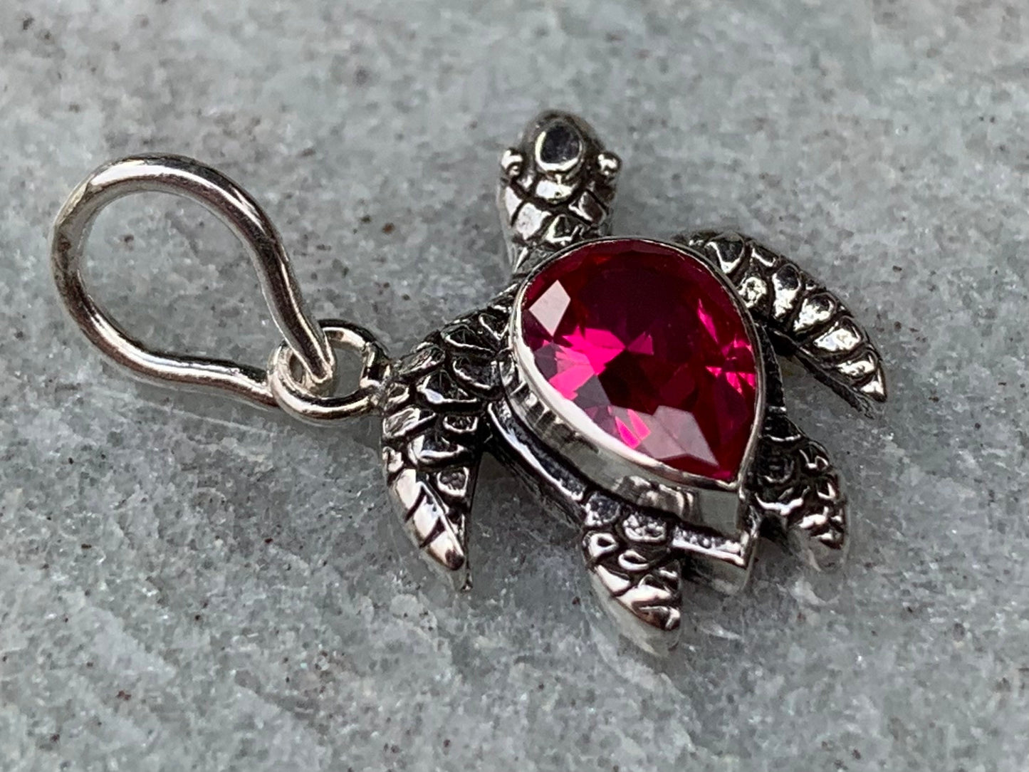 Ruby turtle charm pendant necklace. Sterling silver.