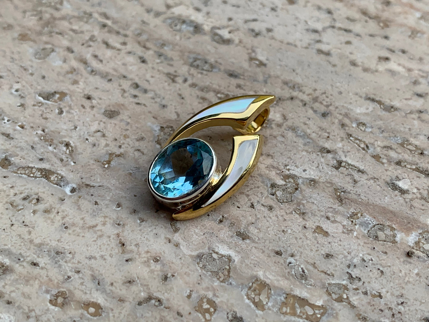 Wave Pendant. Blue Swiss Topaz, Mother of Pearl, Gold Vermeil.