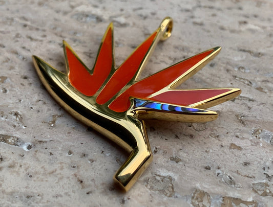 Bird of Paradise 18k Gold Vermeil Flower Necklace Pendant. Red Coral, Sterling Silver, Abalone Shell.