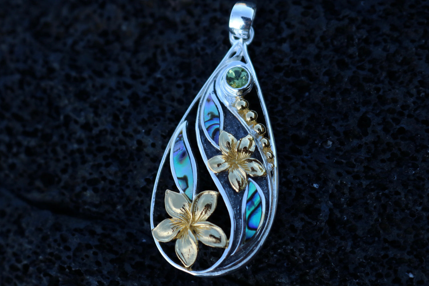 18K Gold Vermeil Teardrop Peridot Plumeria Flower Necklace Pendant. Abalone Shell. Sterling Silver.