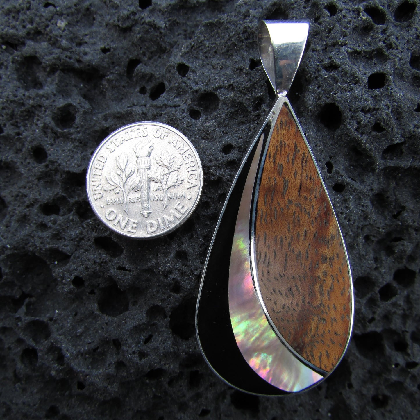 Teardrop Necklace Pendant | Black Ouster Shell | Sterling Silver | Koa Wood | Gift | Jewelry | Handmade | Unique