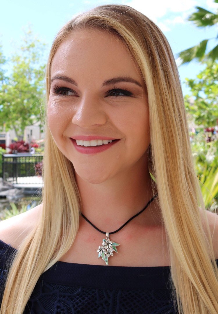 Plumeria Flowers Necklace Pendant. Abalone Paua Shell. Sterling Silver.