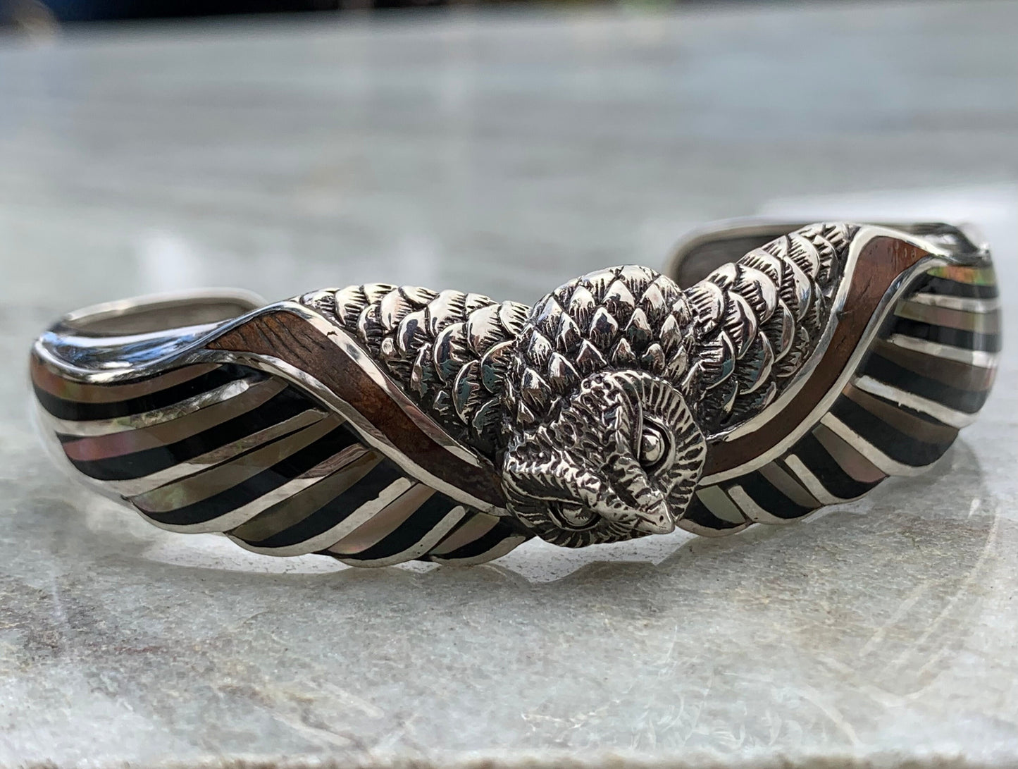 Owl cuff bracelet. Hawaiian Koa Wood. Mother of Pearl, Black Lip Oyster Shell, Sterling Silver.