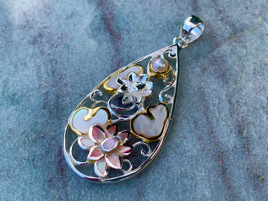 Pink Lotus Flower Necklace Pendant. Sterling Silver, Pearl, Gold, Mother of Pearl.