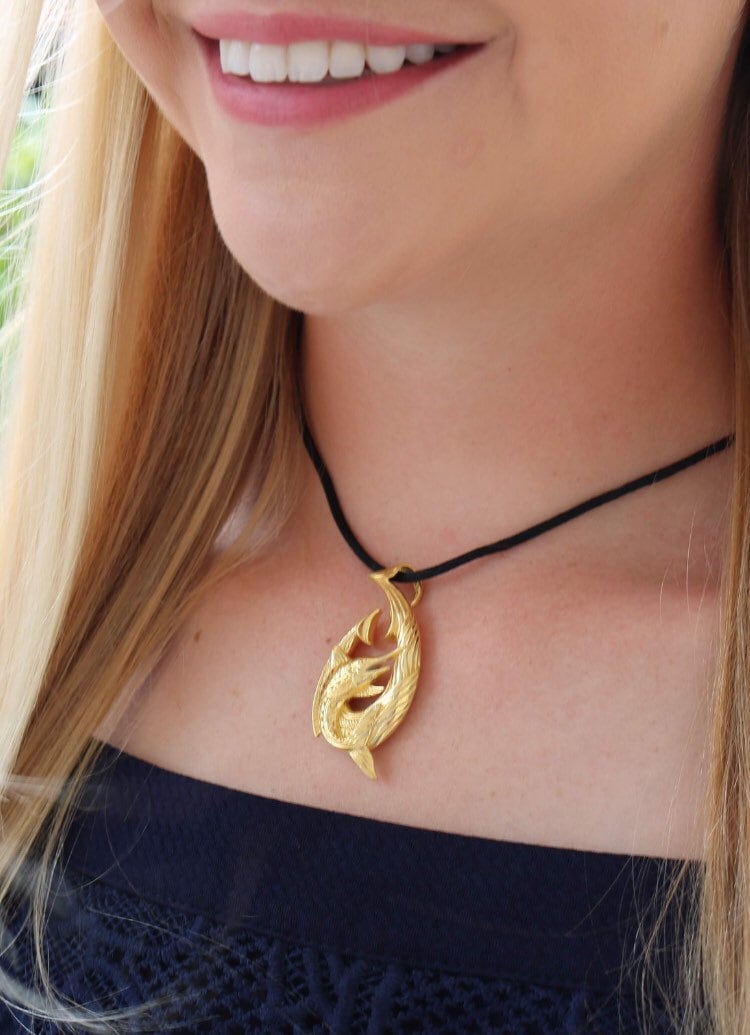 18K Gold Vermeil Makau Fishing Hook Marlin Necklace Pendant.