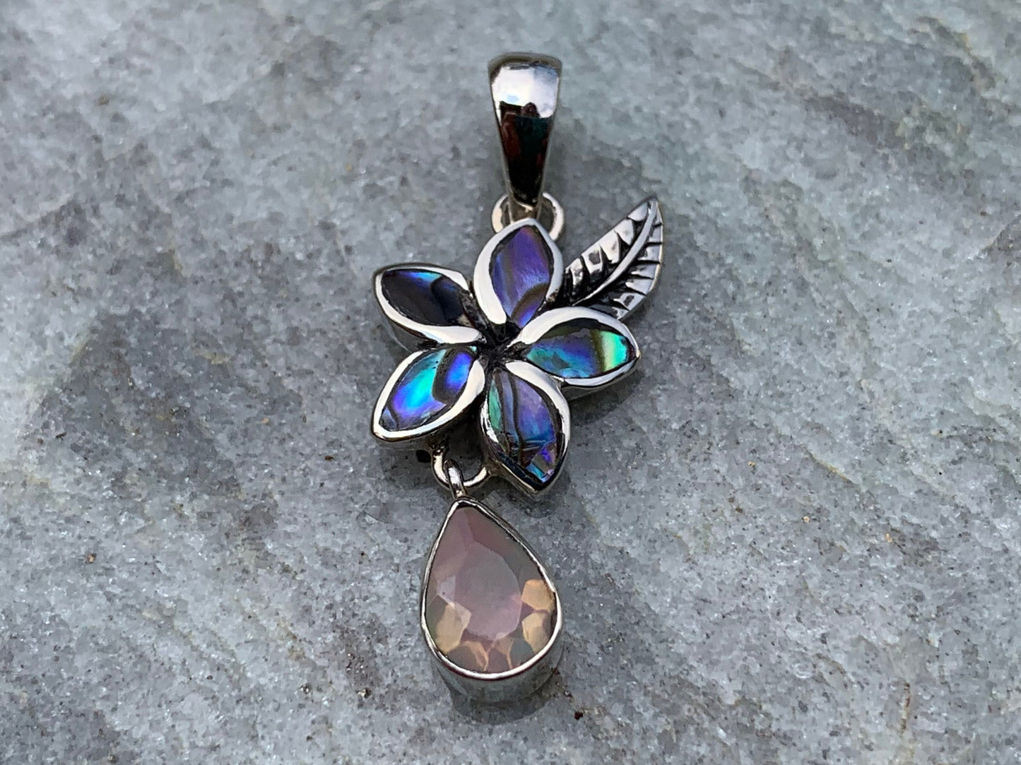 Plumeria Opal Charm Necklace Pendant. Abalone shell, Silver.