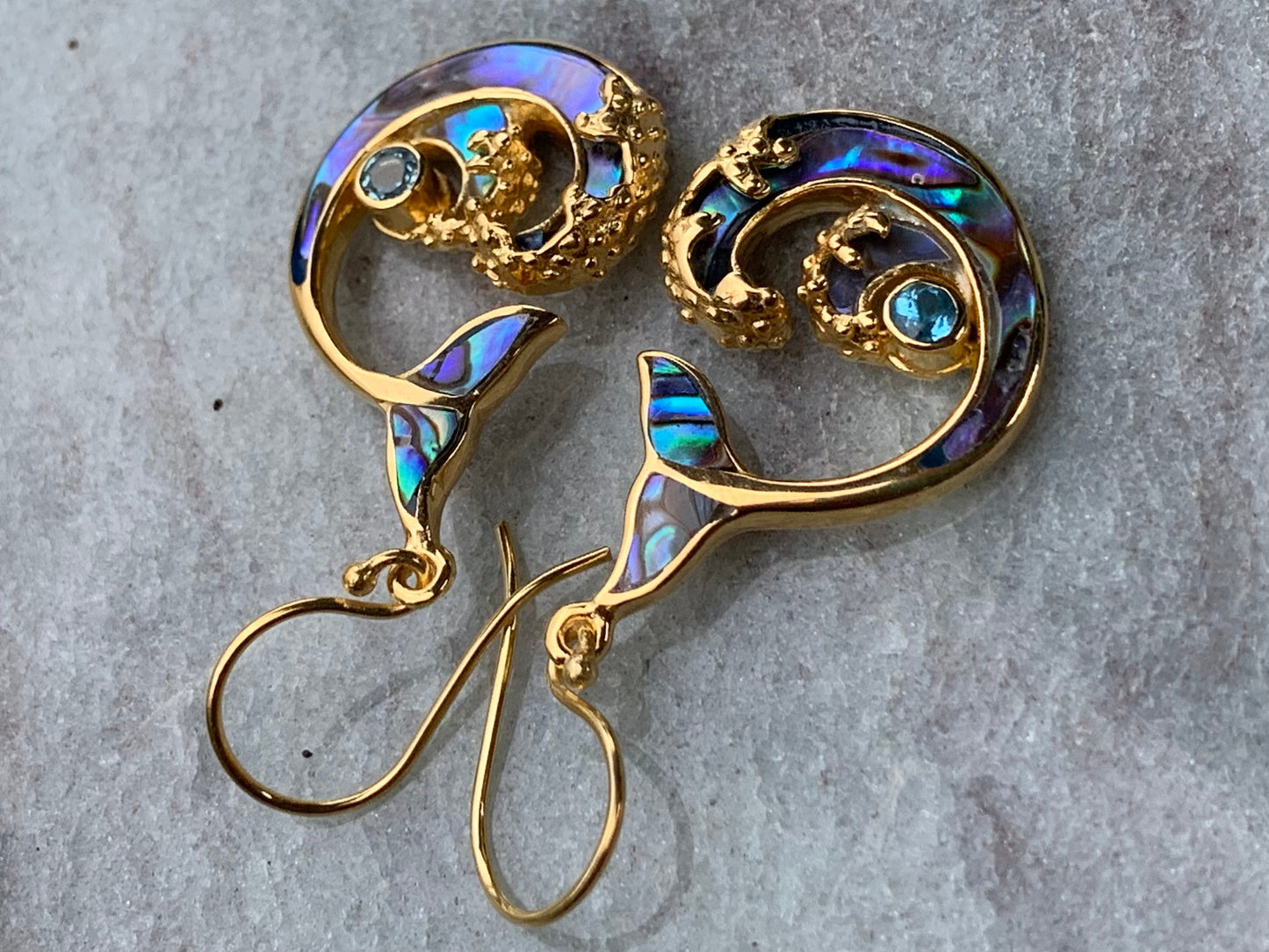 Whale Tail and Wave Swiss Blue Topaz 18k Gold Vermeil Earrings