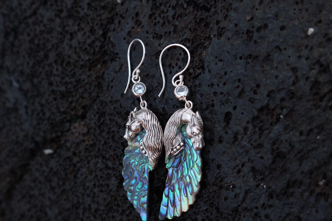Pegasus Horse Wings Cowgirl Jewelry Earrings. Sterling Silver, Blue Topaz, Abalone Paua Shell.