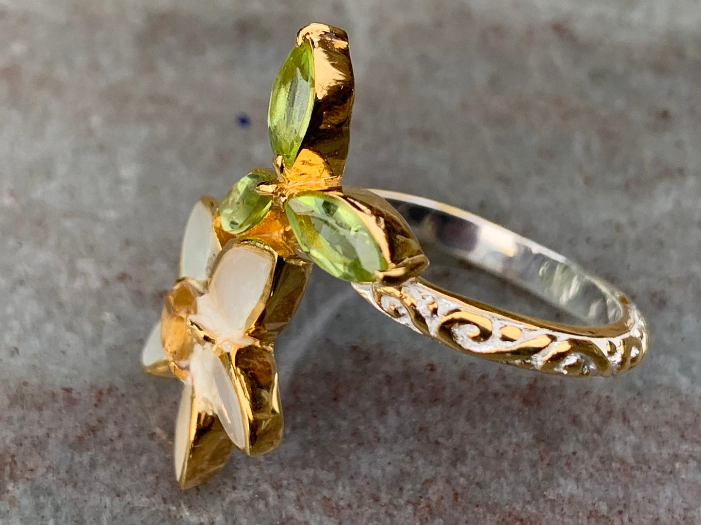 Plumeria Flower Ring. Gold, Silver, Citrine, Peridot, Mother of Pearl.