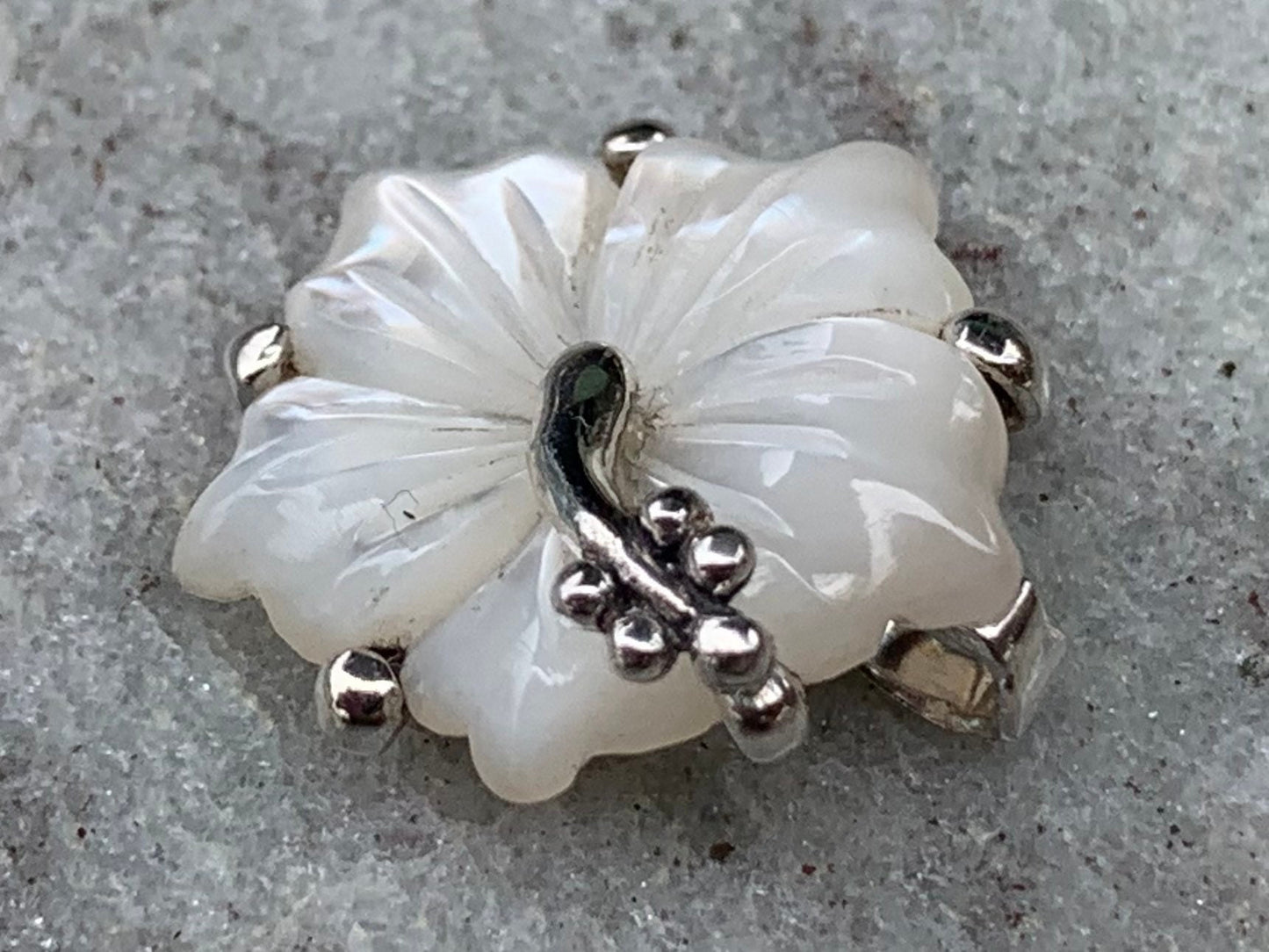 Hibiscus Flower Necklace Pendant. Hawaiian State Flower. Sterling Silver, Mother of Pearl