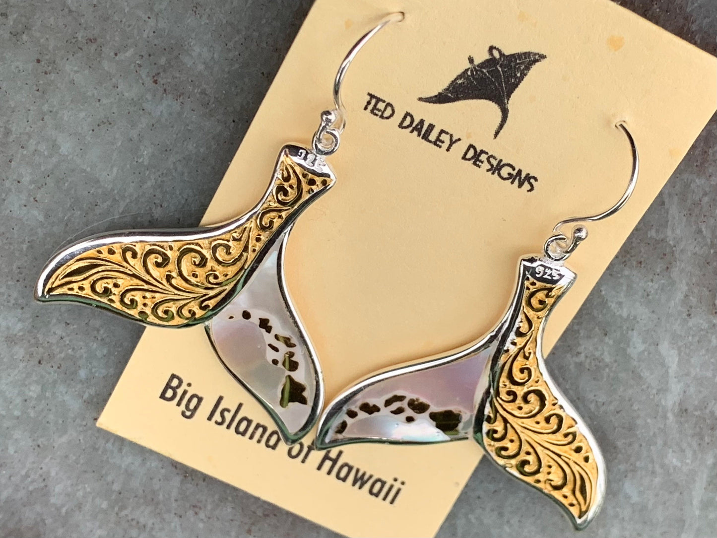 Hawaiian Islands Whale Tail Earrings. Kauai, Oahu, Maui, Big Island of Hawaii. Gold, Silver, Mother of Pearl.
