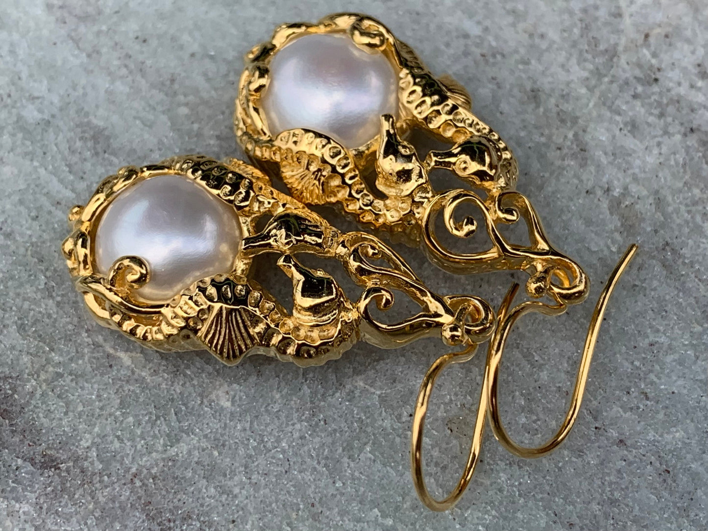 18k gold vermeil white mabe pearl seahorse earrings.