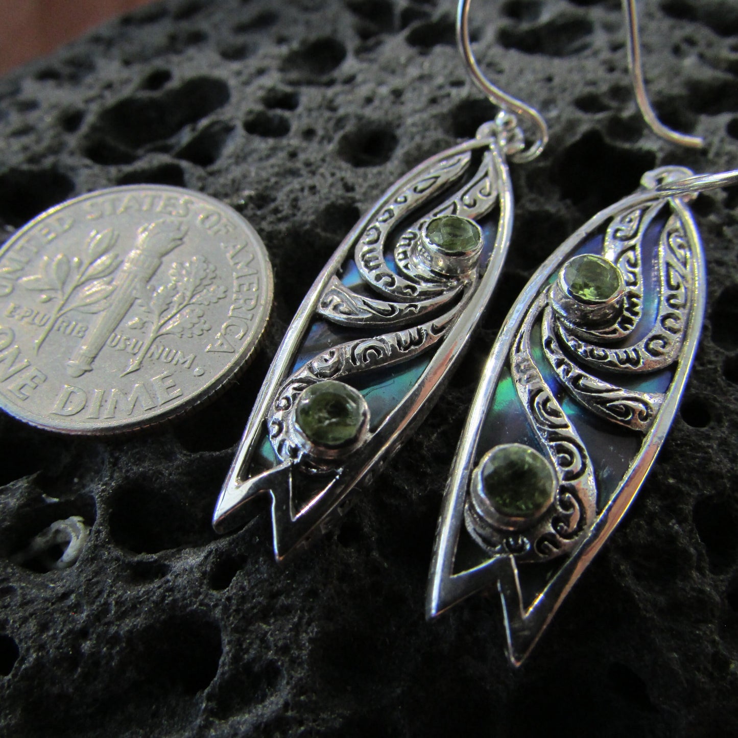 Surfboard Earrings with Polynesian Tattoo Design. Peridot. Abalone Paua Shell. Sterling Silver.