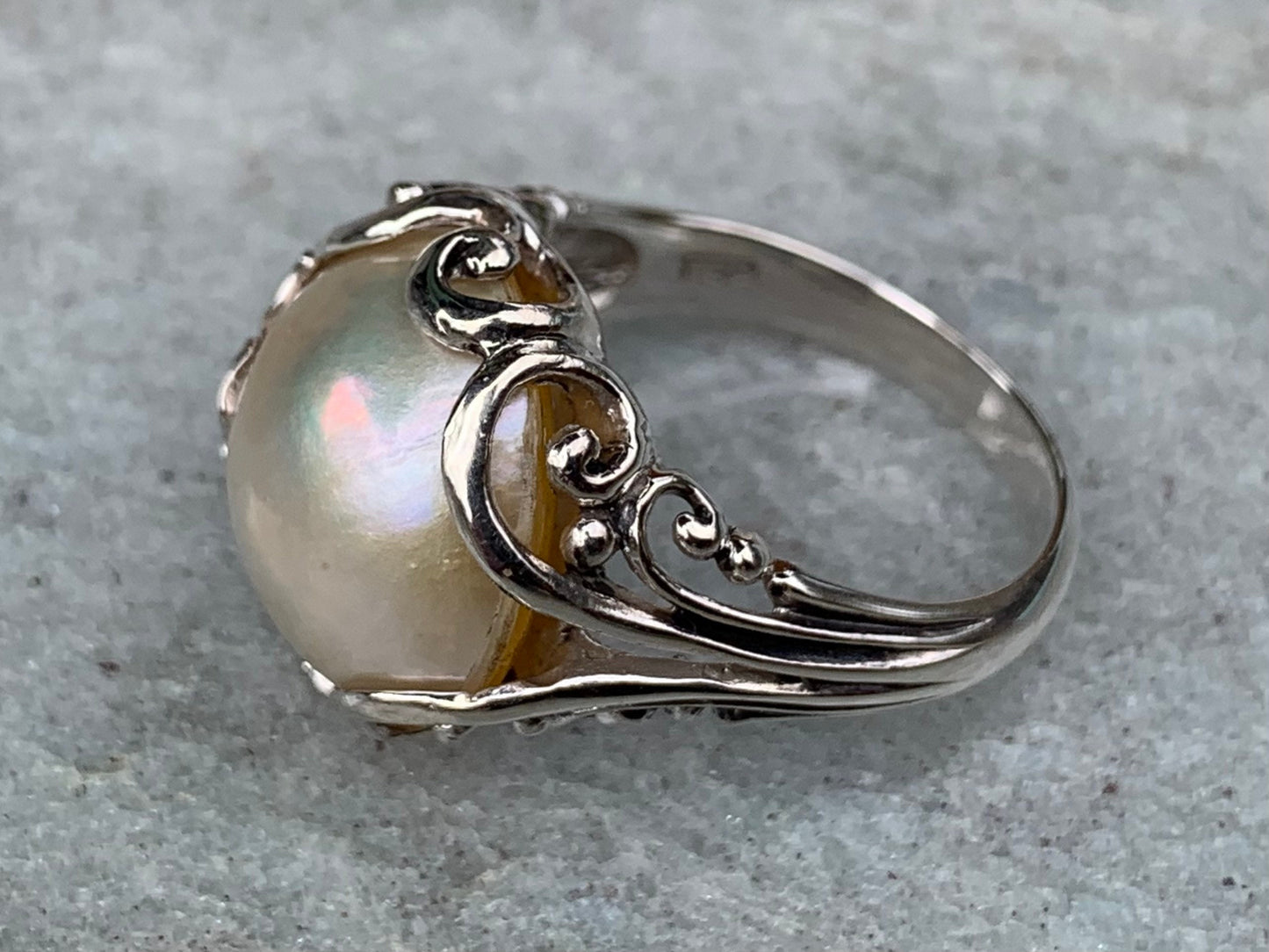 White Mabe Pearl Plumeria Flower Silver Ring