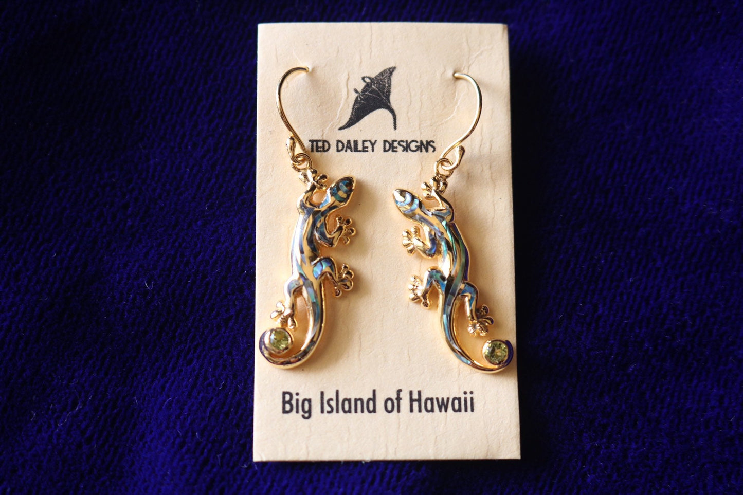 Hawaiian Gecko Lizard Salamander Earrings. Vermeil 18k Gold Silver Abalone Paua Shell Peridot.