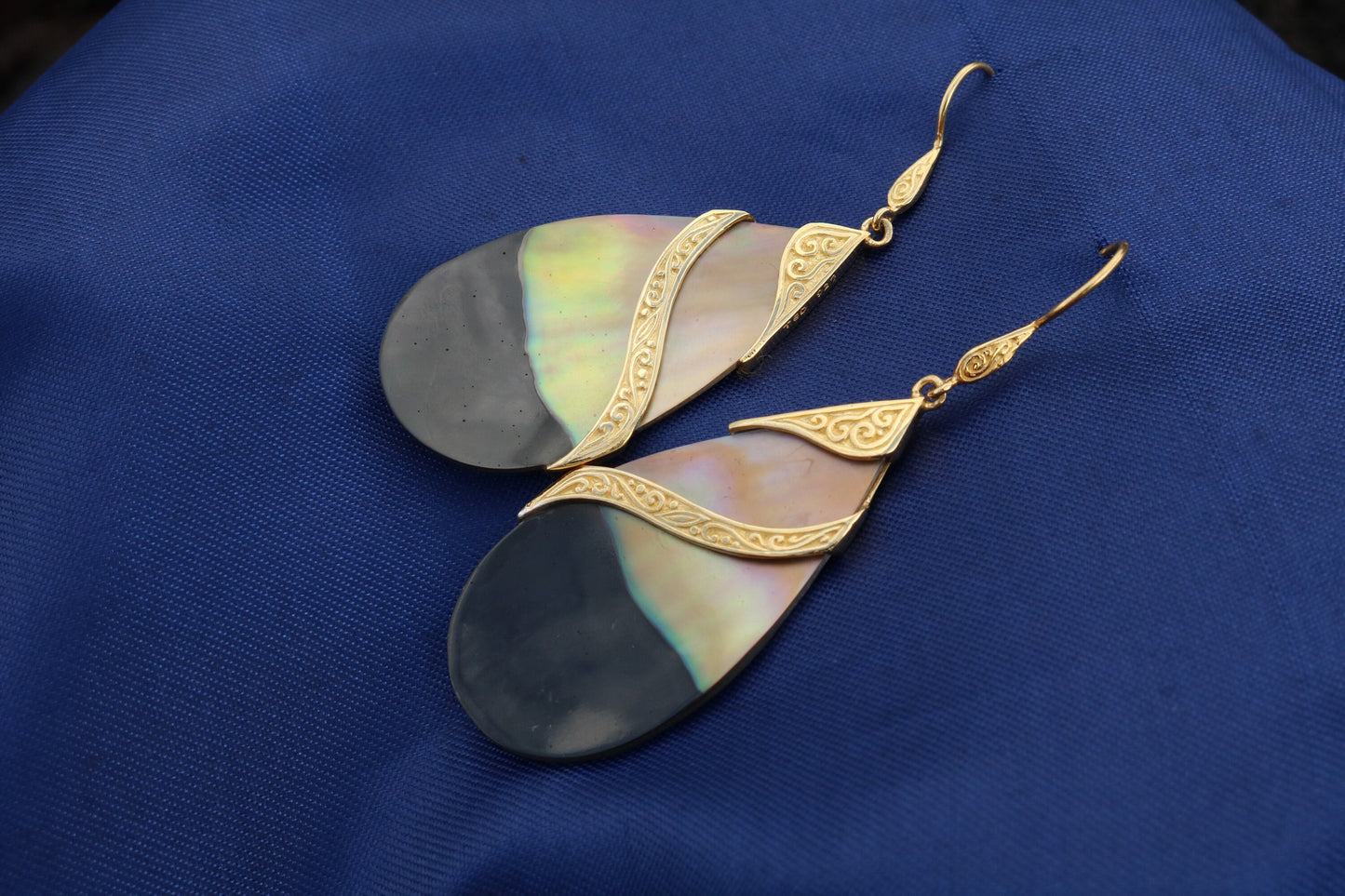 18k Gold Teardrop Black Oyster Shell Earrings Double Tribal Design. Sterling Silver.