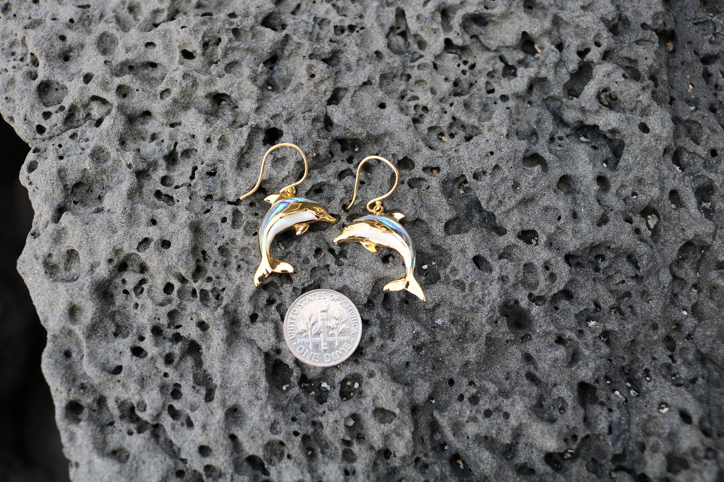 18K Gold Vermeil Aumakua Dolphins Earrings. Abalone Paua Shell, Mother of Pearl, 18K Gold, Sterling Silver.