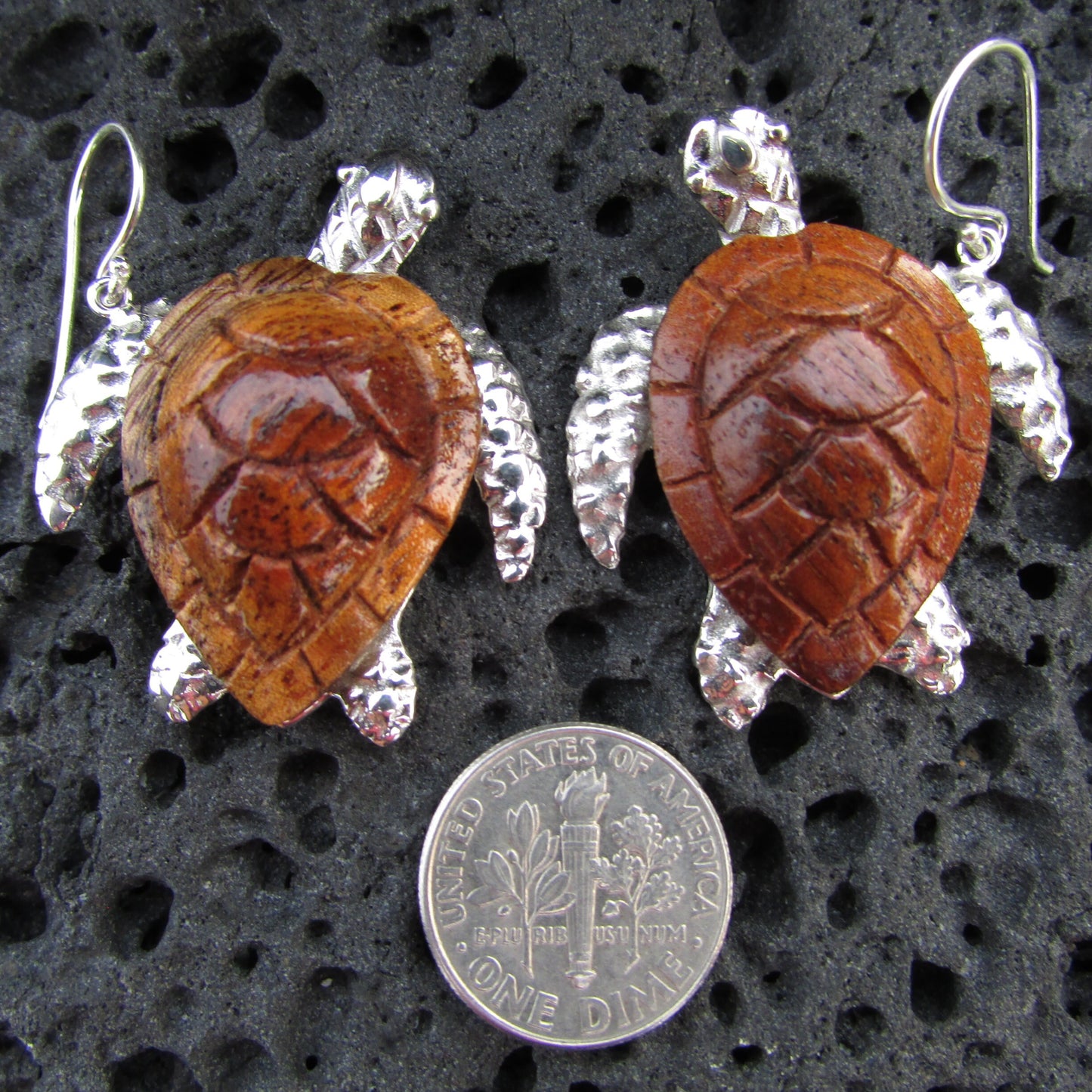 Sea Turtle Earrings Large | Koa Wood | Sterling Silver | Ocean | Beach | Gift | Jewelry | Handmade | Unique
