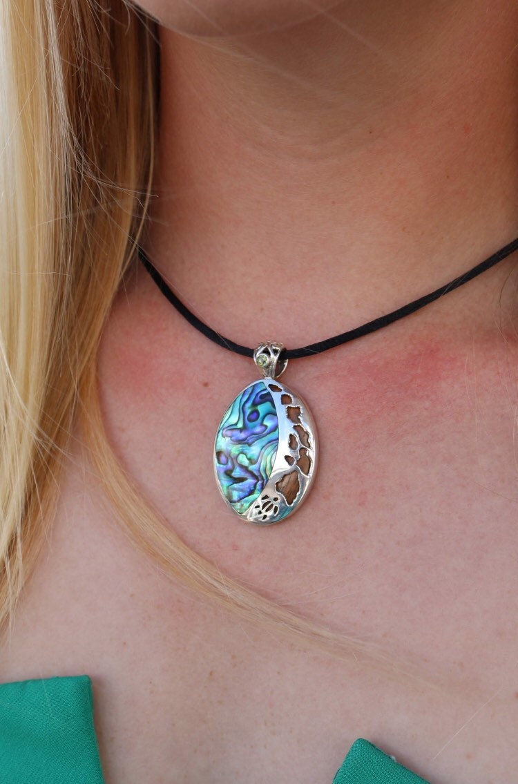 Hawaii Island Chain Necklace Pendant Large | Abalone Paua Shell | Peridot | Sterling Silver | Koa Wood | Beach | Gift | Jewelry | Handmade