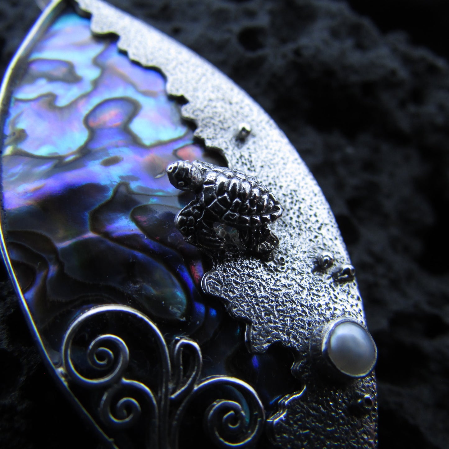 Sea Turtle Wave Necklace Pendant | Paua Abalone Shell | Pearl | Sterling Silver | Ocean | Beach | Gift | Jewelry | Handmade | Unique