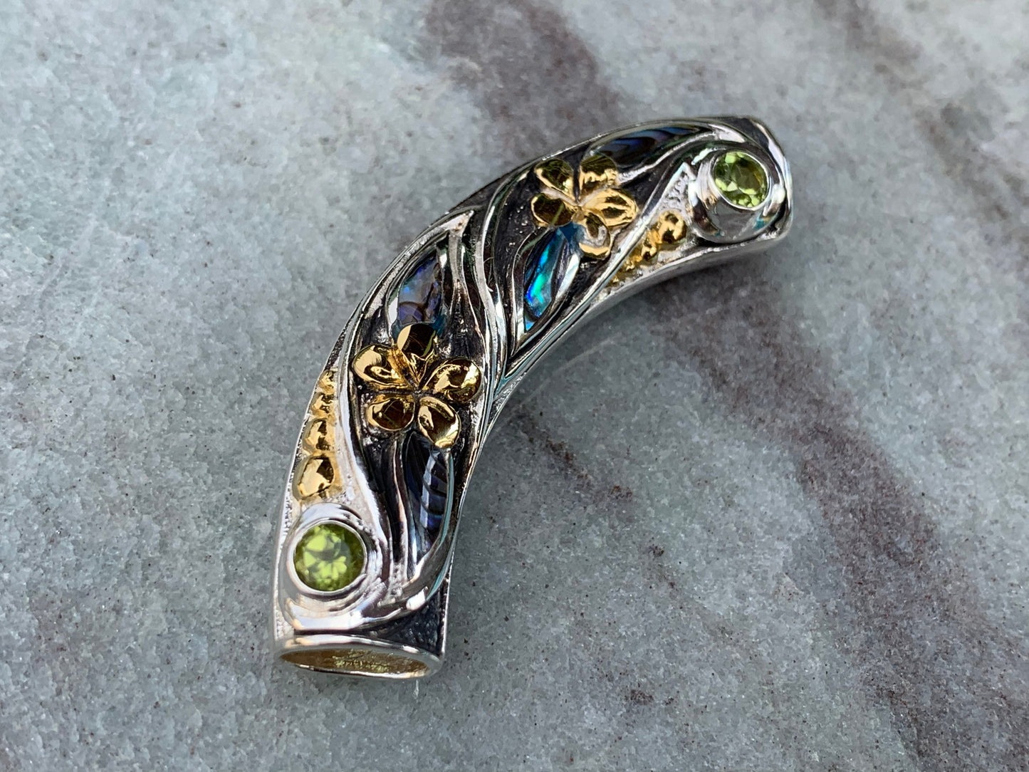 Plumeria Slider Necklace Pendant. 2 Peridot Gemstones, Abalone Shell, Sterling Silver, 18K Gold.