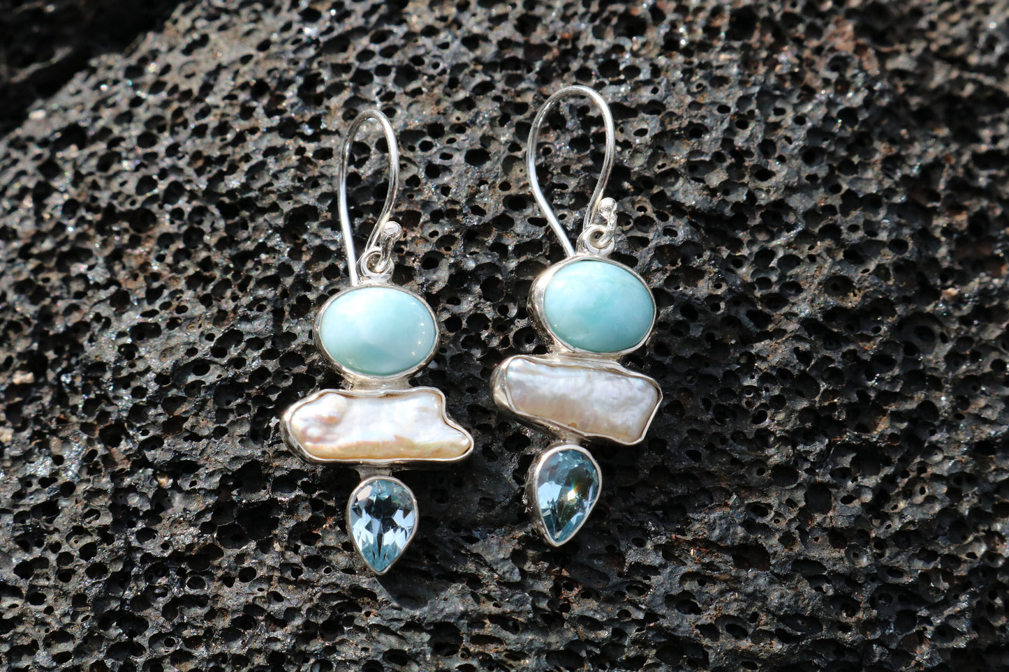 Larimar Pearl Blue Topaz Earrings. Sterling Silver.