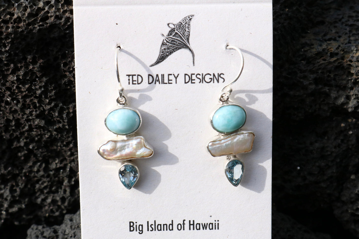 Larimar Pearl Blue Topaz Earrings. Sterling Silver.