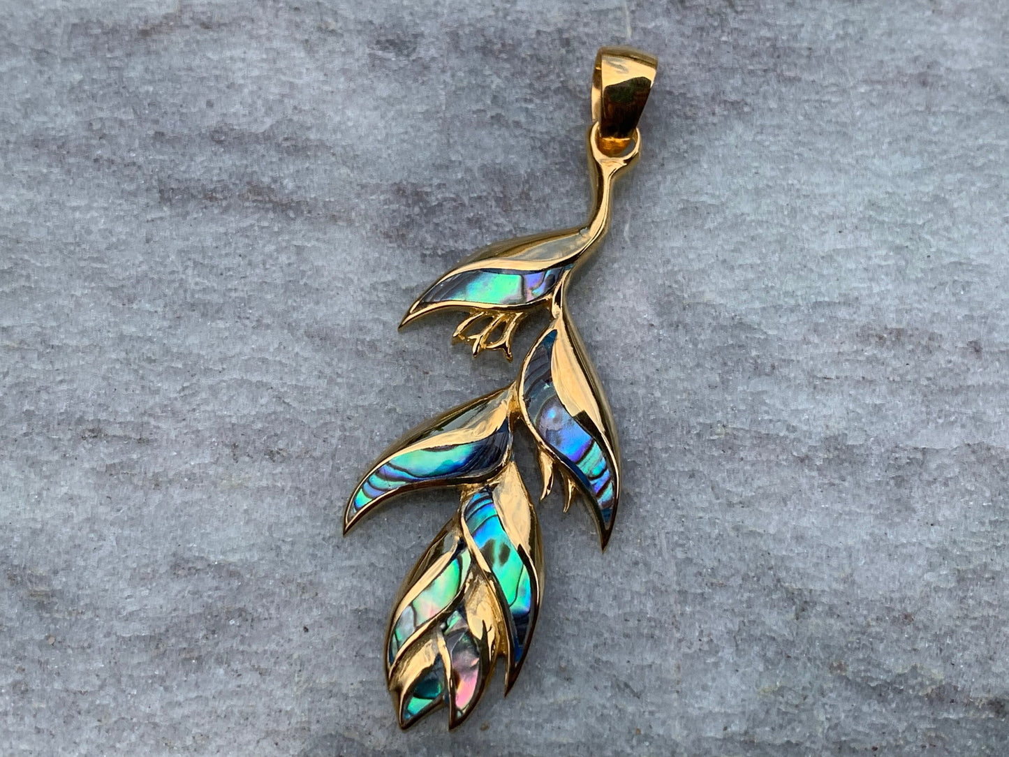 18K Gold Vermeil Heliconia Flower Necklace Pendant. Abalone Shell.