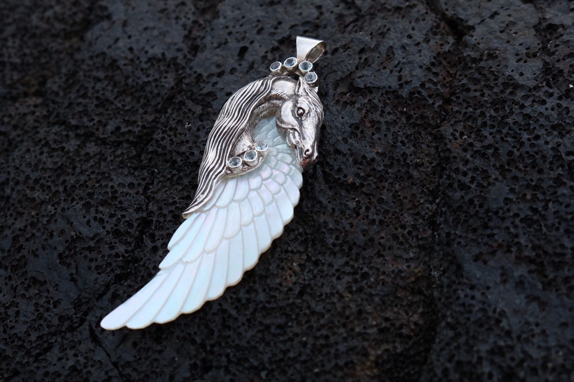 Pegasus Horse Wings Cowgirl Jewelry Necklace Pendant. Sterling Silver, Blue Topaz, Mother of Pearl.