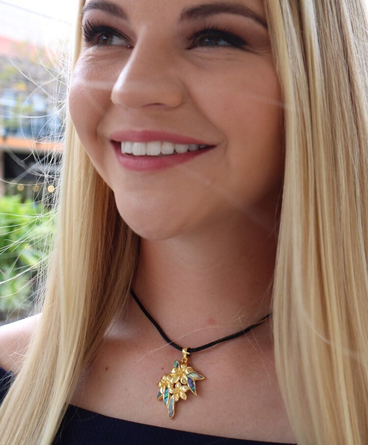 Plumeria Flowers Necklace Pendant. 18k Gold Vermeil. Abalone Paua Shell.