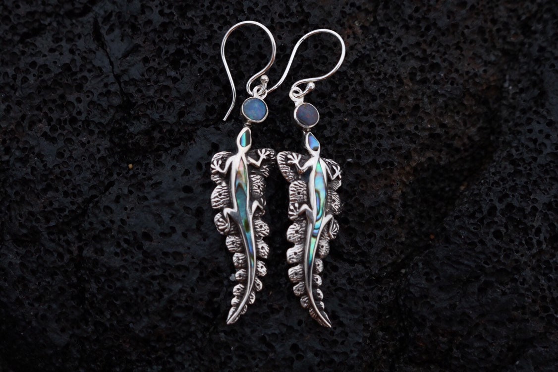 Lizard Salamander Hawaiian Gecko Aumakua Handmade Earrings. Rainbow Opal, Abalone Paua Shell, Sterling Silver.
