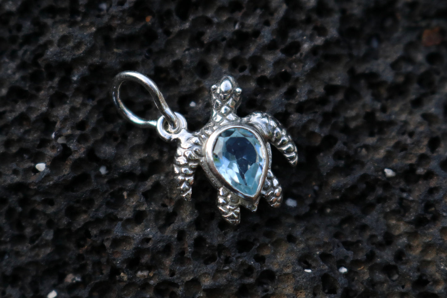 Turtle Charm Blue Topaz Necklace Pendant. Sterling Silver.