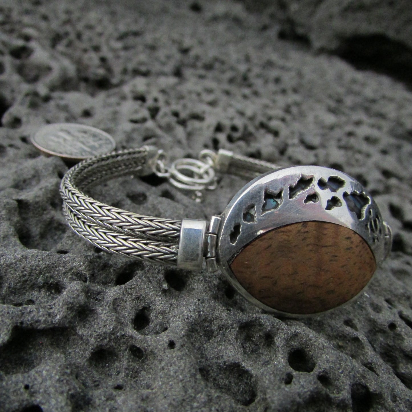Hawaii Islands Woman's Bracelet (8 Islands) with Turtle Honu | Hawaiian Koa Wood | Abalone Paua Shell | Sterling Silver