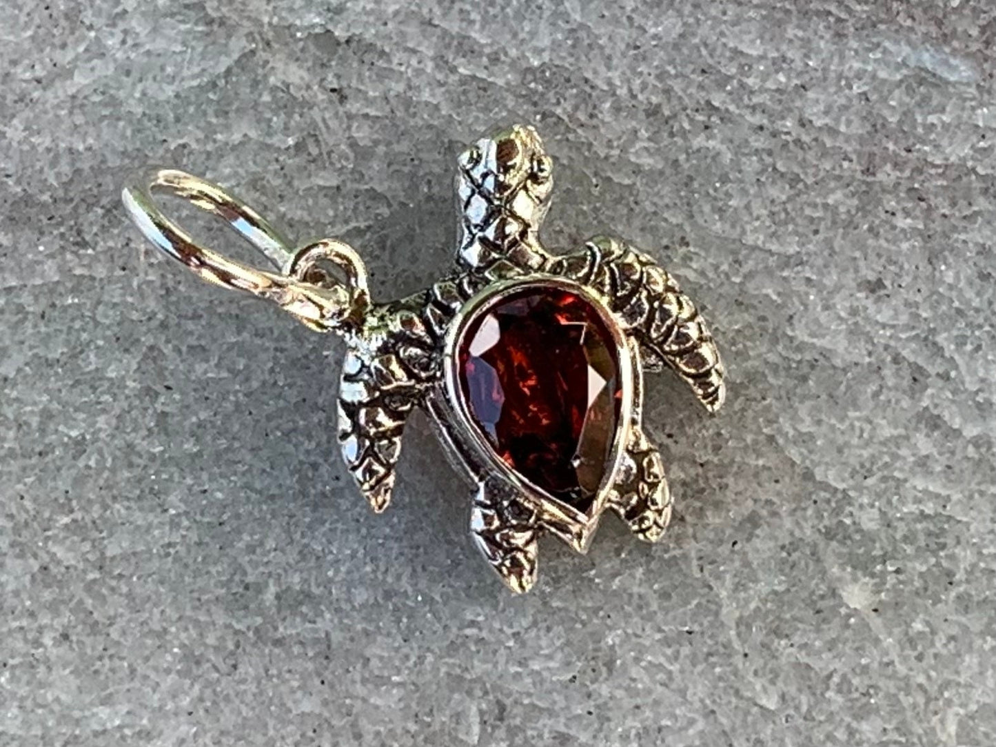 Honu Turtle Garnet Silver Charm Necklace Pendant