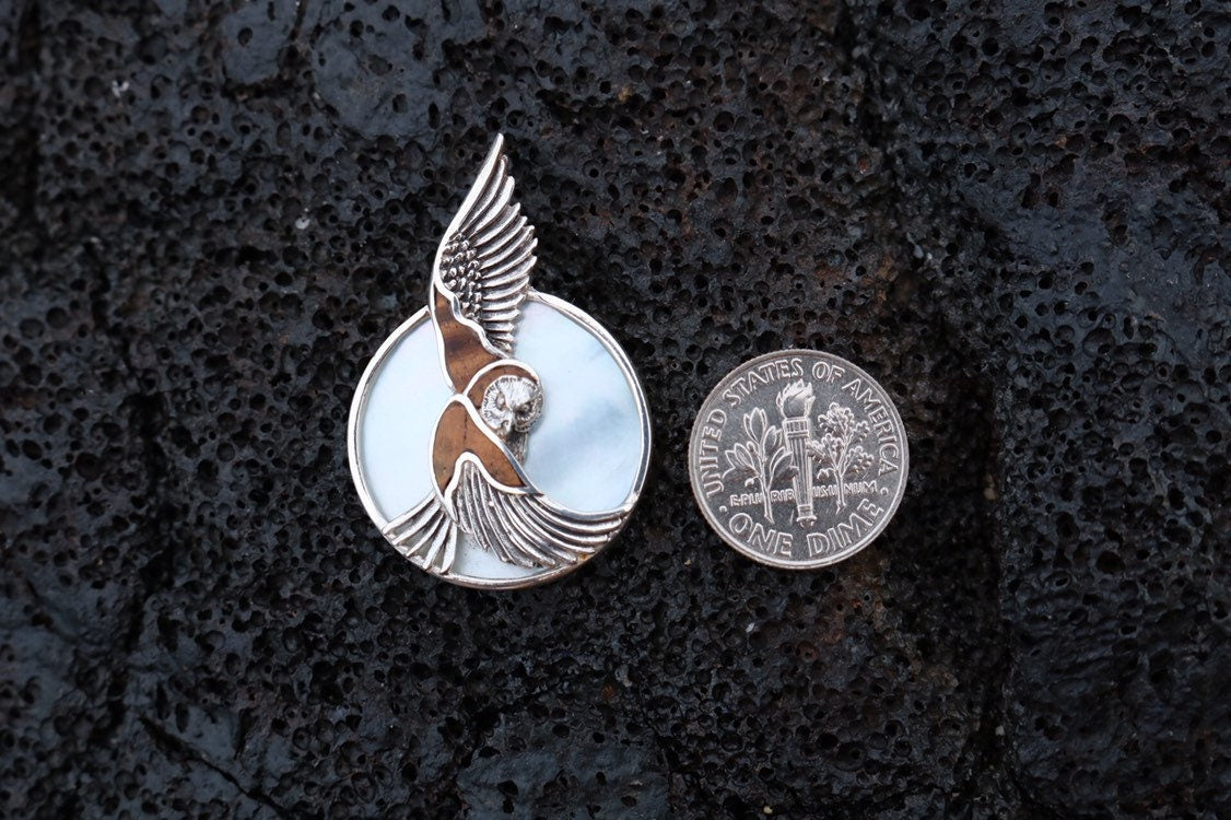 Moon Owl Hawaiian Pueo Aumakua Necklace Pendant. Hawaiian Koa Wood, Mother of Pearl, Sterling Silver.