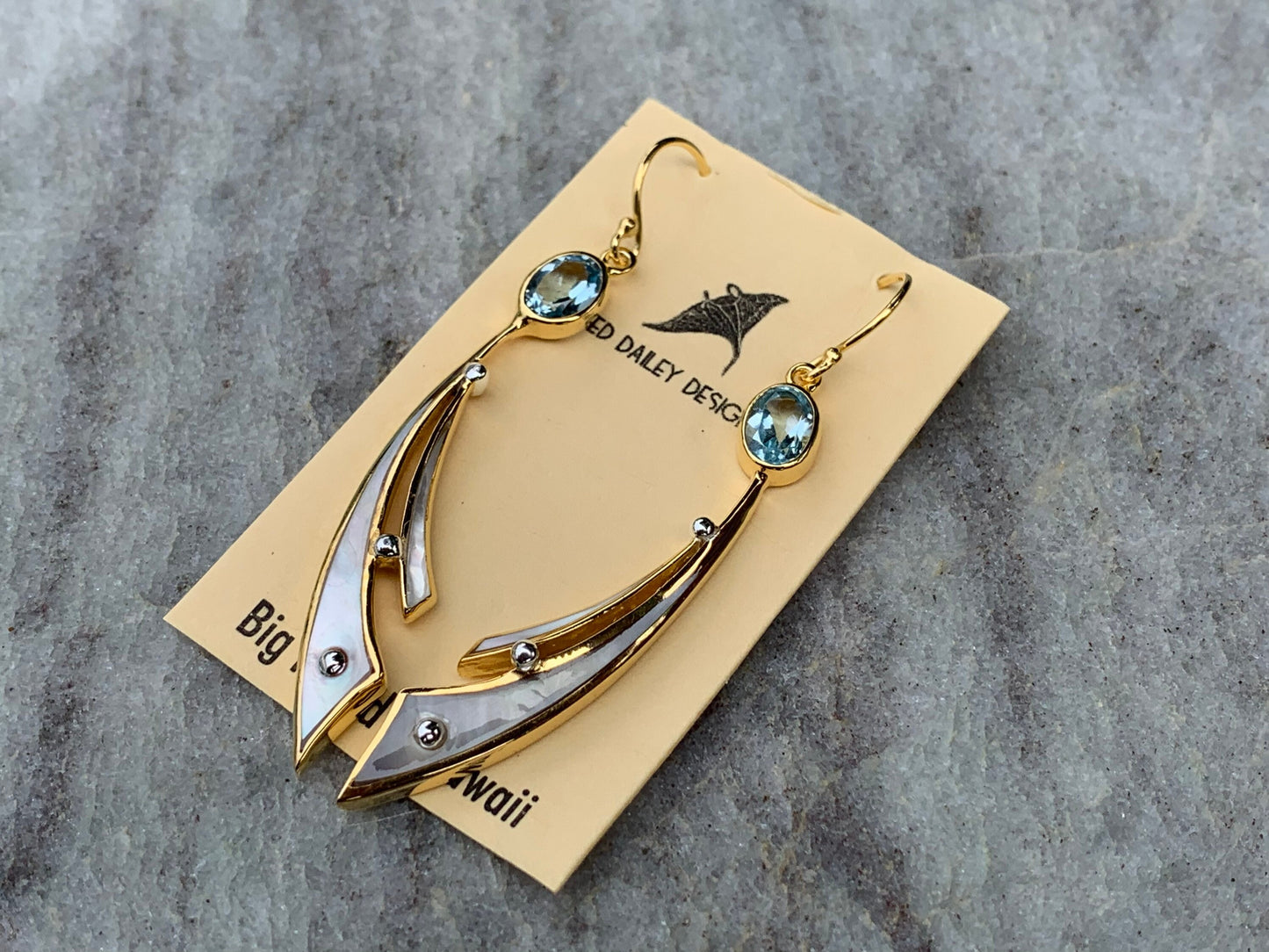 18k Gold Vermeil Wave Earrings. Blue Topaz, Mother of Pearl