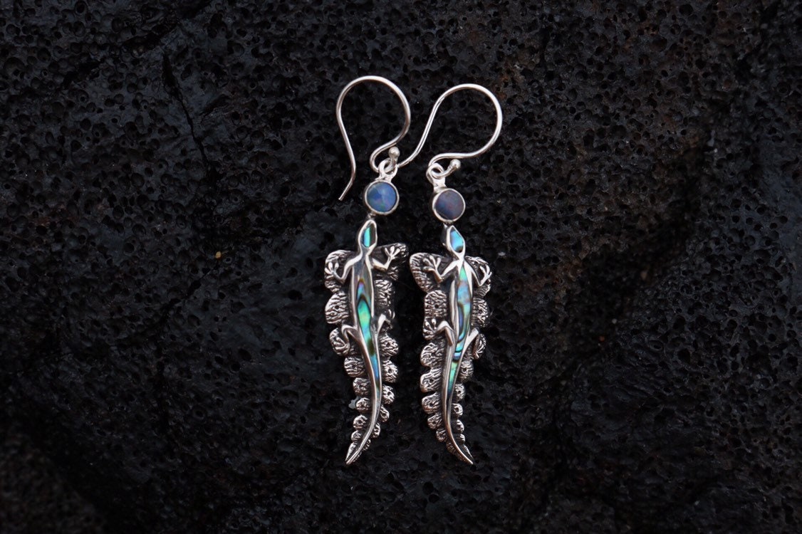 Lizard Salamander Hawaiian Gecko Aumakua Handmade Earrings. Rainbow Opal, Abalone Paua Shell, Sterling Silver.