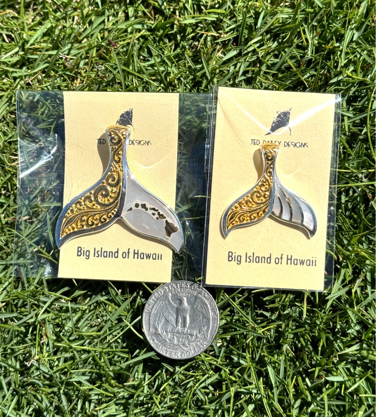 Hawaiian Islands Whale Tail Pendant Necklace. Kauai, Oahu, Maui, Big Island of Hawaii. Gold, Silver, Mother of Pearl.