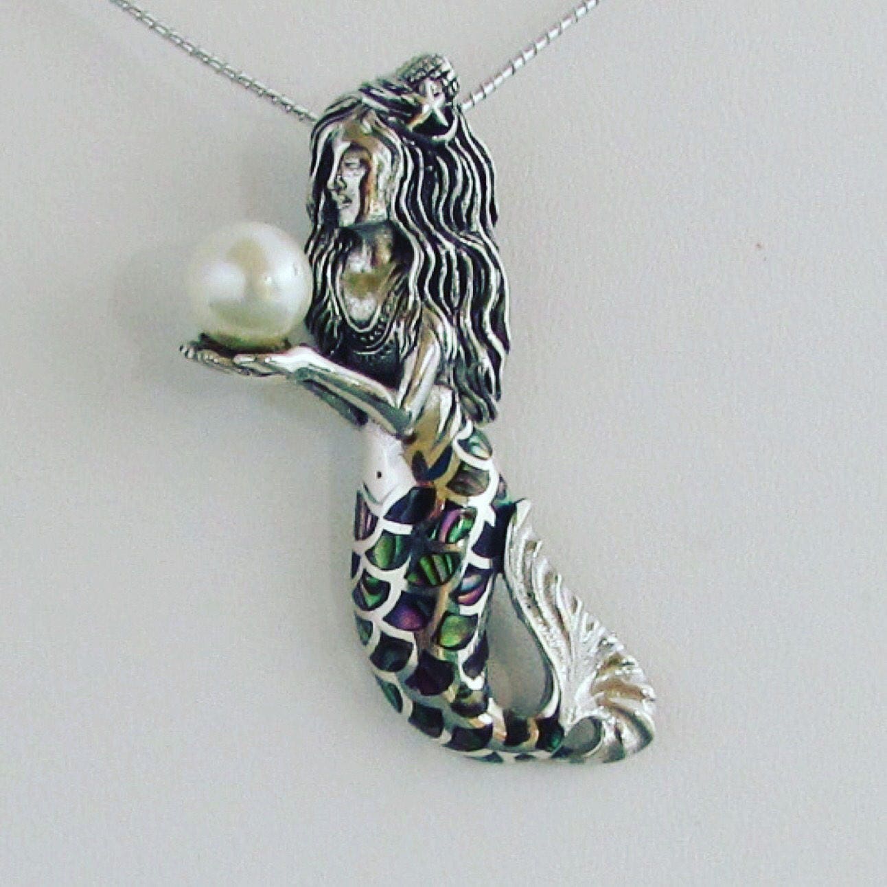 Mermaid Necklace Pendant | Pearl | Sterling Silver | Paua Shell | Abalone Shell | Ocean | Beach | Gift | Jewelry | Handmade | Unique