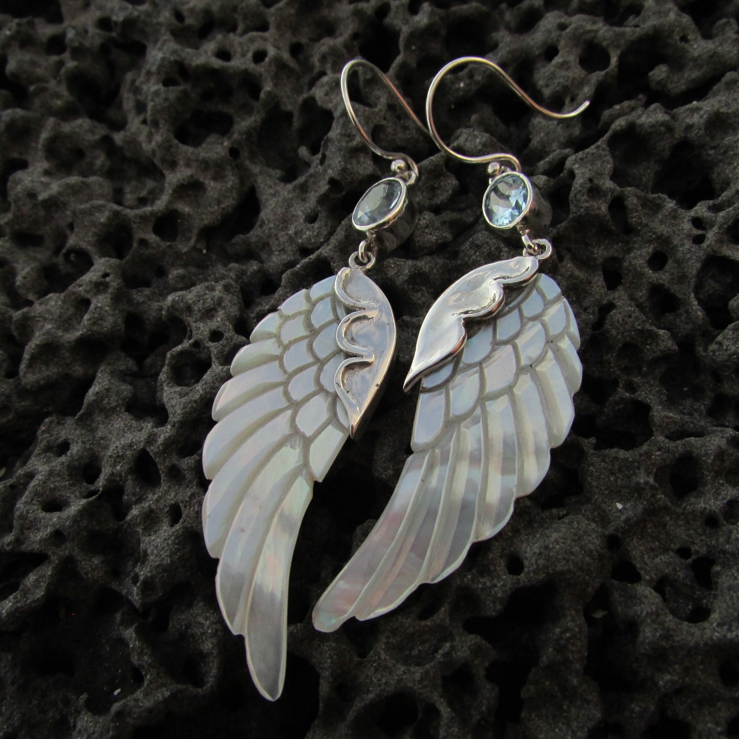Angel Wings Earrings. Mother of Pearl. Blue Topaz. Sterling Silver.