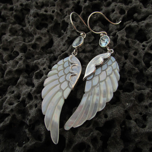 Angel Wings Earrings. Mother of Pearl. Blue Topaz. Sterling Silver.