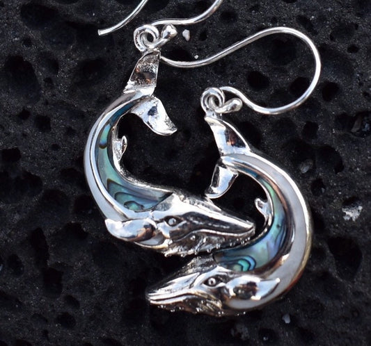 Whale earrings. Sterling Silver. Abalone Shell. Mother of Pearl.