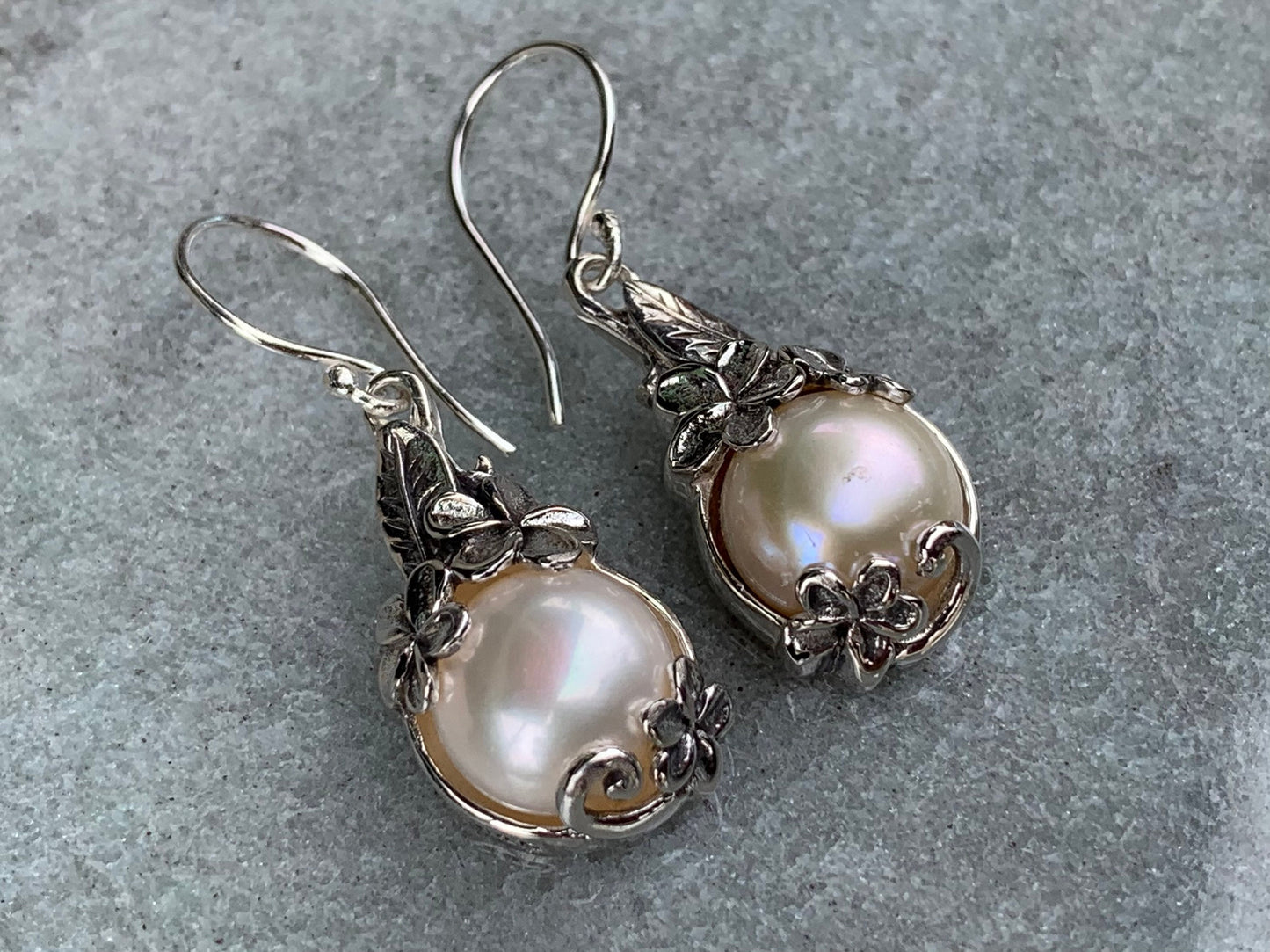 Plumeria Flower White Mabe Pearl Silver Earrings