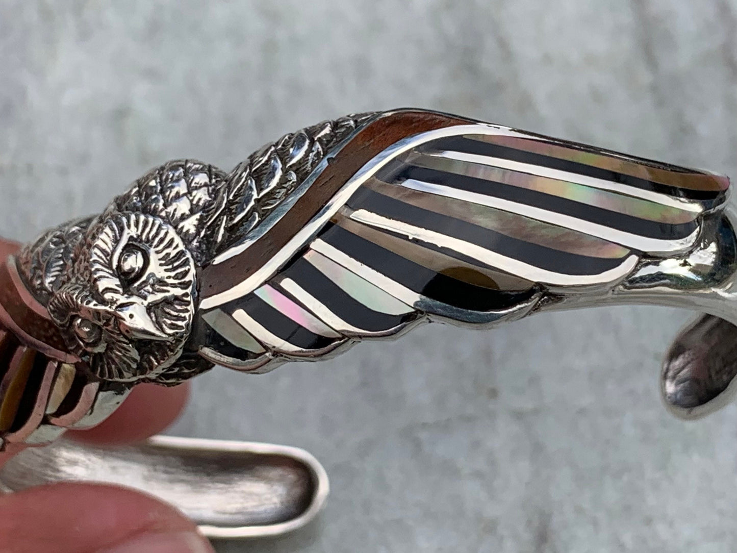 Owl cuff bracelet. Hawaiian Koa Wood. Mother of Pearl, Black Lip Oyster Shell, Sterling Silver.