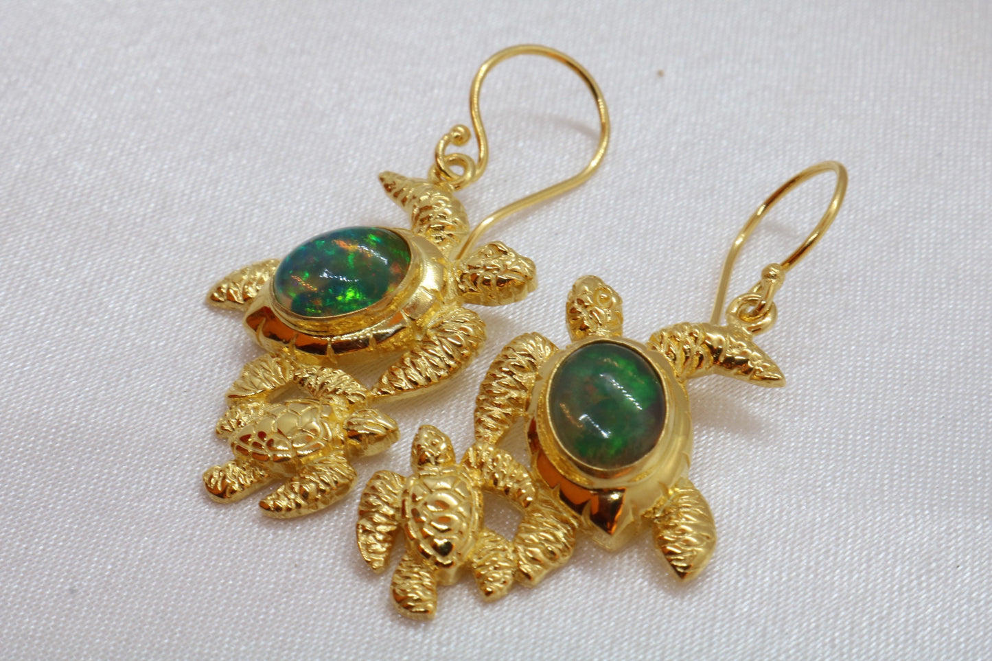 Opal Turtle Hawaiian Honu Mom and Baby 18k Gold Vermeil Earrings