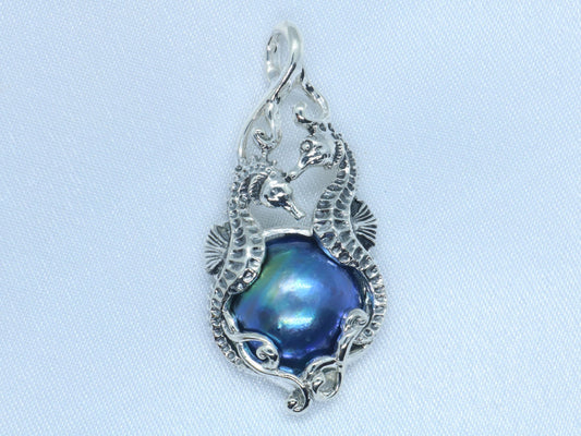Seahorse Blue Mabe Pearl Silver Pendant Necklace
