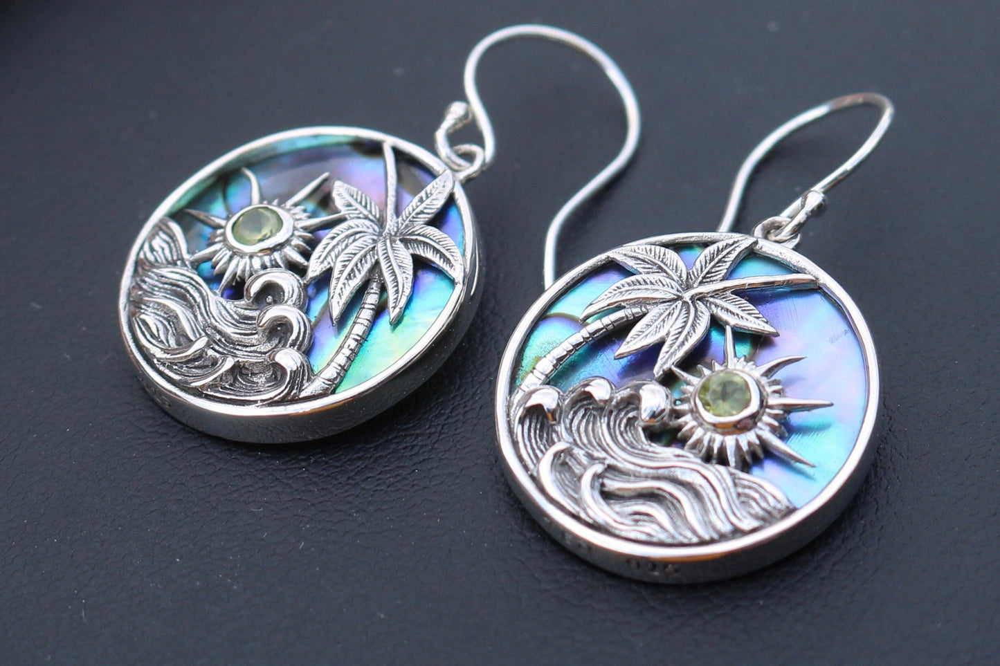 Hawaiian Sunset Wave Palm Tree Peridot Abalone Shell Earrings. Sterling Silver.