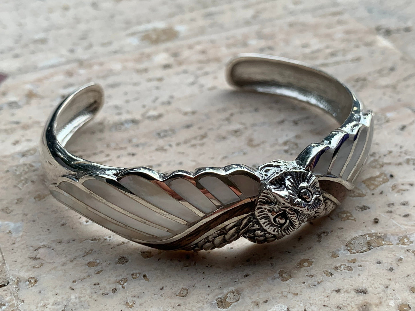 Owl cuff bracelet. Hawaiian Koa Wood. Mother of Pearl. Sterling Silver.