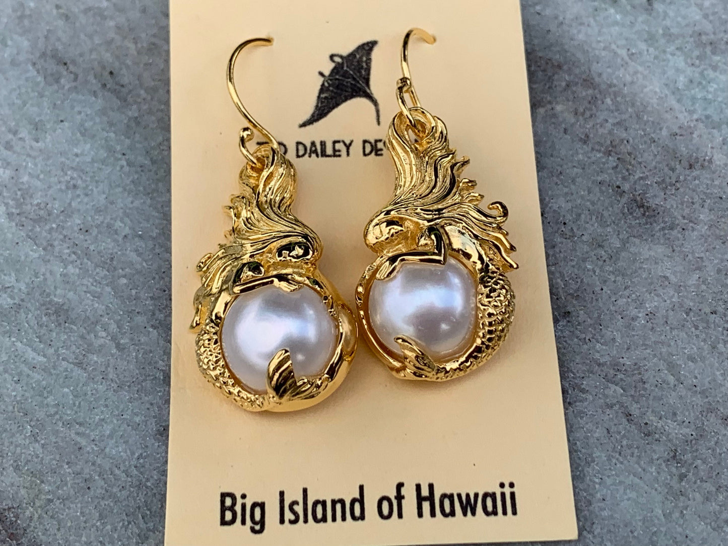 18k gold vermeil white mabe pearl mermaid earrings.